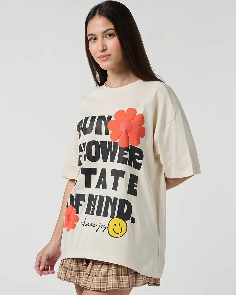 بيواكوف Women's Beige Sunflower State Of Mind Graphic Printed Oversized T-shirt